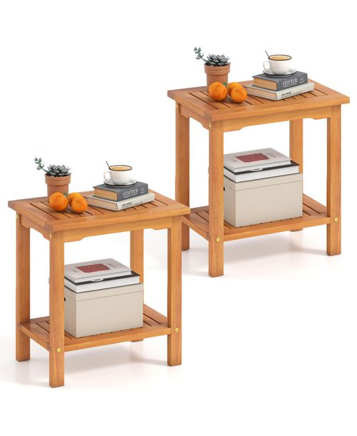 2PCS Outdoor Acacia Wood Side Table 2-Tier Patio End Table w/ Slatted Tabletop - Natural