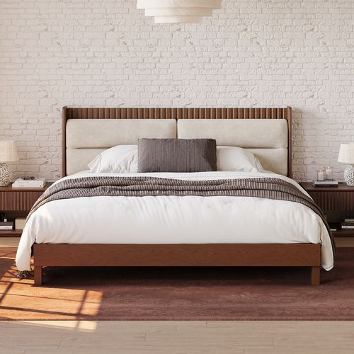 Modern Solid Wood Bed with Boucle Headboard Pillows, 180 x 200 c
