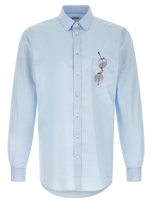 Trompe-l'œil Glasses Print Cotton Poplin Shirt — Blue