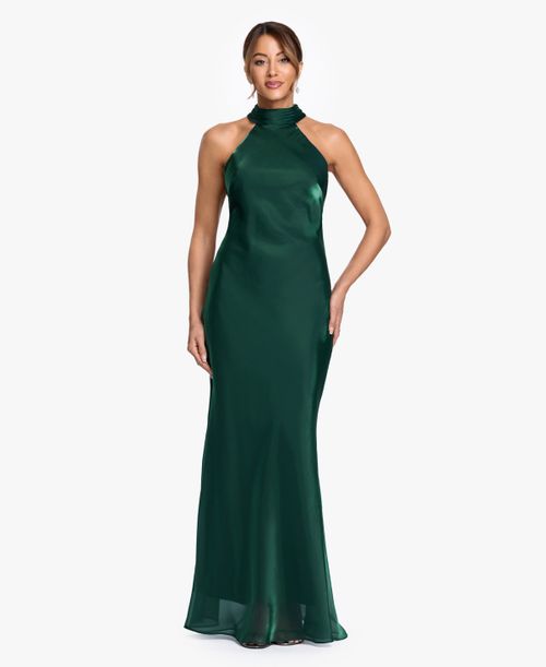 Women's Halter Neck Metallic Organza Ball Gown - Hunter
