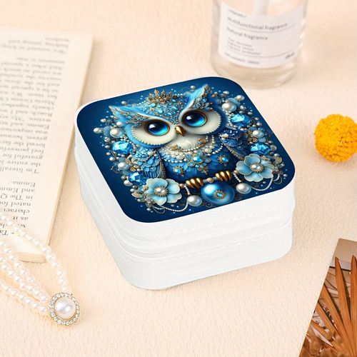 TEMU Owl Rhinestone Jewelry Storage Box Set Diy - Compact White Leather Multi-compartment Organizer, Suitable For Rings, Necklaces, Earring