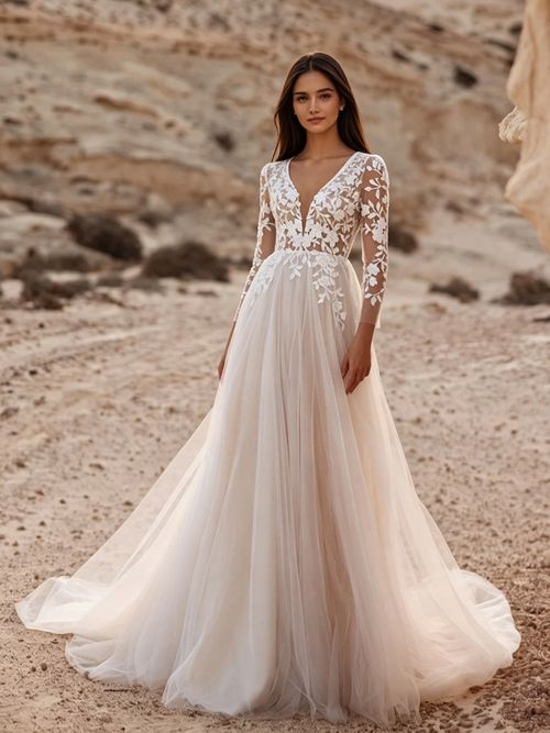 Lace Wedding Dress V-Neck Long Sleeves Sweep Lace Bridal Gown