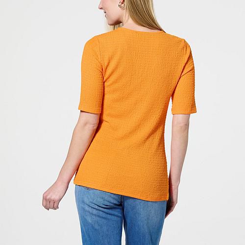 Smocked Knit Front Twist V-Neck Top - Orange