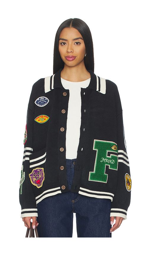 Found Varsity Patch Collared Cardigan in Vintage Black. XS also in L, M
