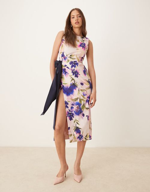Asymmetric pencil dress with bow detail in purple floral