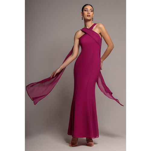 Goddiva Cross Front Scarf Back Chiffon Mermaid Maxi Dress - Magenta