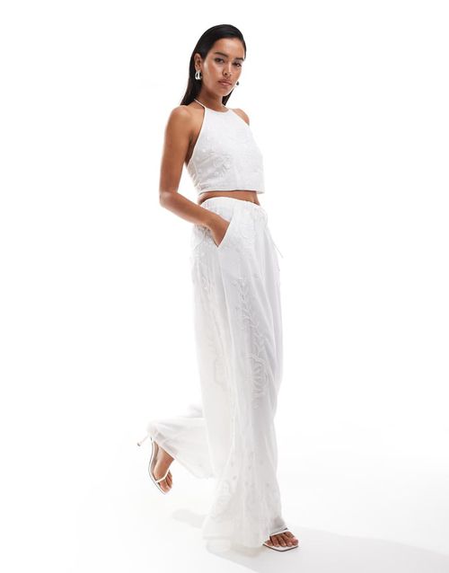 ASOS DESIGN wide leg embellished occasion pants in white - part of a set