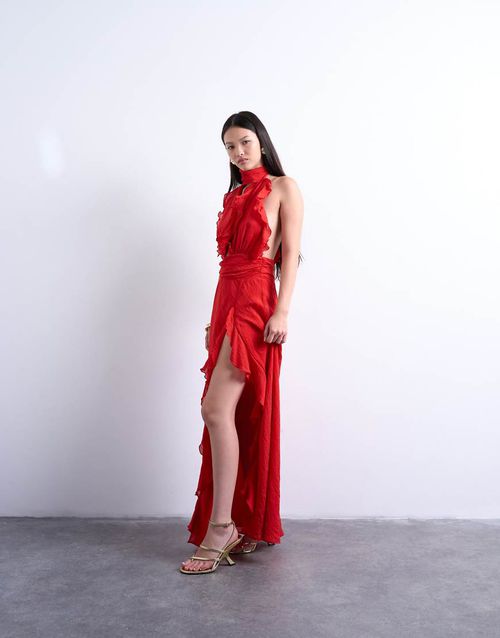 Deep plunge ruffle maxi gown in red