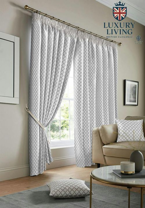 Luxury Living Modern Geometric Two-Tone Jacquard Lined Pencil Pleat Taped Curtains - White