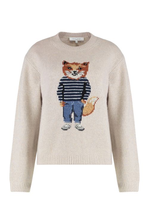 Intarsia Fox Motif Sweater — Beige
