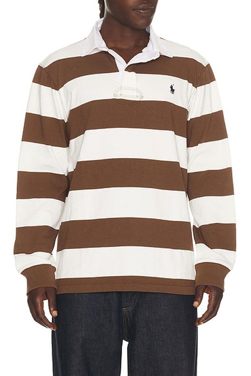 Polo Ralph Lauren Long Sleeve Iconic Rugby Stripe Polo in Pale Russet & Trophy Cream - Brown,White. XXL/2X also in XL/1X