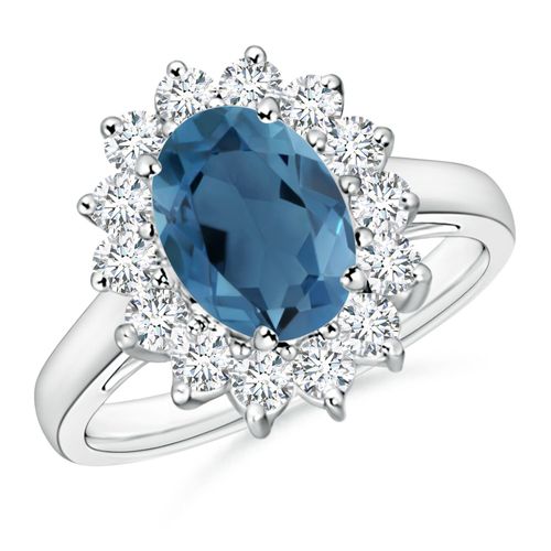 Angara 2.25 Carats Princess Diana Inspired London Blue Topaz Ring with Halo in Platinum