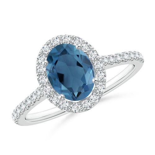 Angara 1.5 Carats Prong-Set Oval London Blue Topaz Halo Ring with Diamond Accents in Platinum