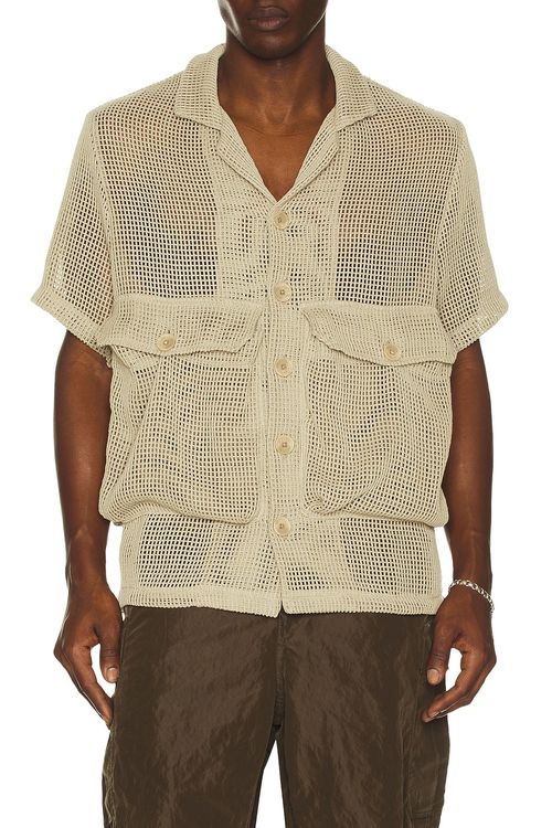 Reese Cooper Crochet Knit Short Sleeve Cargo Shirt in Khaki - Tan. M also in XL/1X