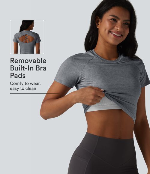 Round Neck Short Sleeve Built-in Bra Yoga Sports Top - Ironshade Drift
