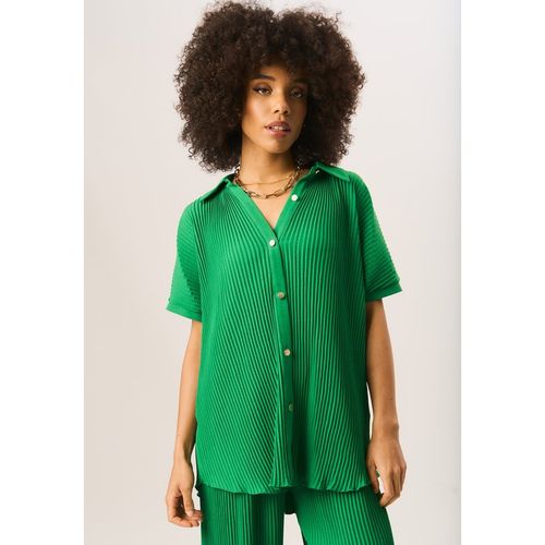 Gini London Womens Plisse Short Sleeve Oversized Shirt - Green