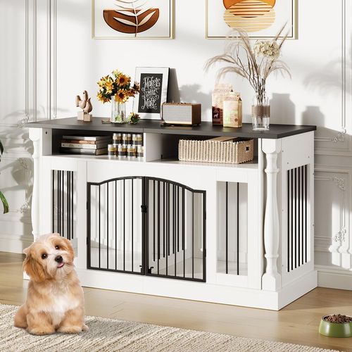 Garvee Roman Column 63 Inch Large Dog Crate Furniture for 2 Dogs with Open Storage, Heavy Duty Dog Kennel Entertainment Table TV Stand for Small and Medium Dogs, Black Table Top