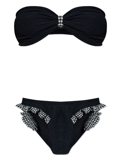 Jean gingham-ruffle crinkle bikini - Black