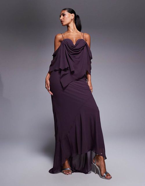 Chiffon double layer bias maxi dress with drape bust cup detail in plum-Purple