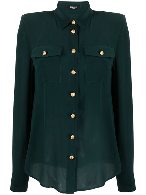 Shoulder-pads button-up silk shirt - Green