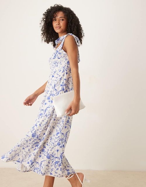 Tie shoulder floral midi dress in blue and white