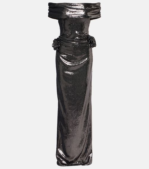 Embellished floral-appliqué gown