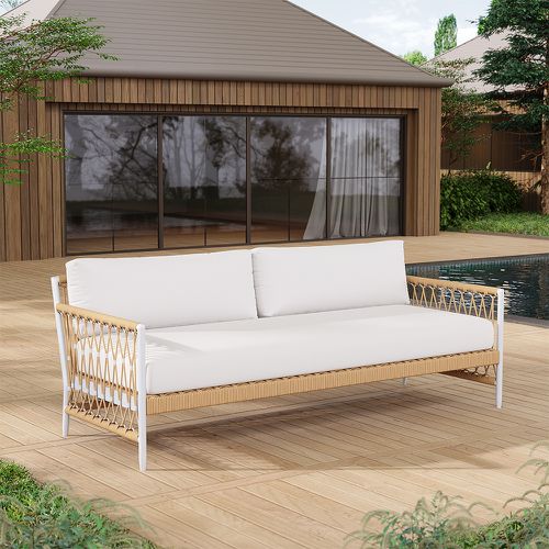 Ropipe Woven Rope Outdoor Sofa 3-Seater Sofa with White Polyester Pillow Cushion