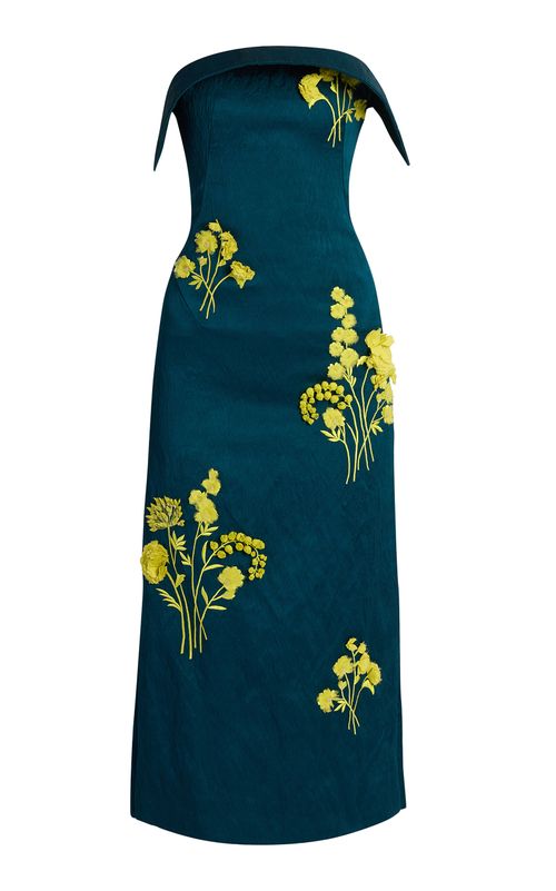 Embroidered Textured Satin Midi Pencil Dress - Moda Operandi