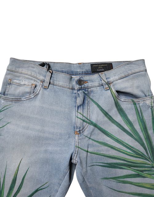 Leaf-Printed Denim Jeans — Blue