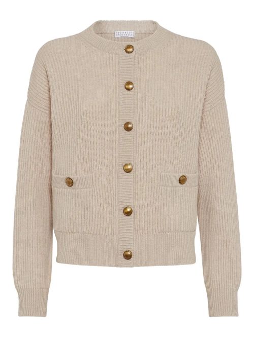 English Ribbed-Knit Cardigan — Beige