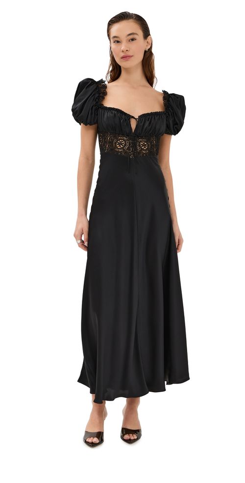 Satin Bias Dress with Gathered Bust and Black Lace Detail Black