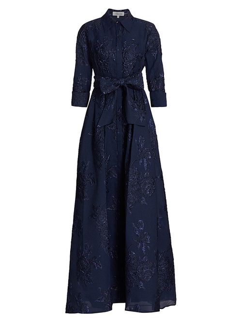 Women's Three-Quarter Sleeve Metallic Jacquard Shirt Waist Gown - Navy