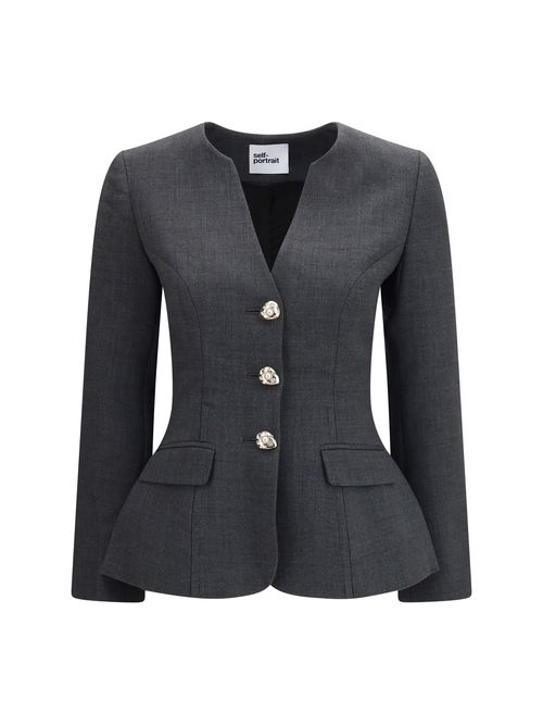 Collarless Wool Blazer — Gray