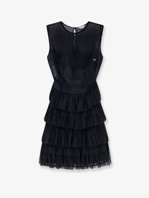 Crystal-Monogram Lace Dress — Black