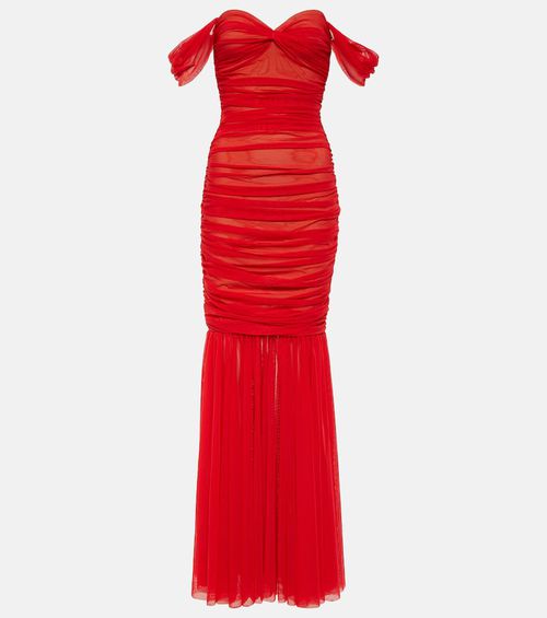 off the shoulder cocktail dress Cascade Couture Red Off Shoulder Midi Dress