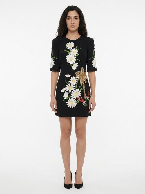 Daisy-Embroidered Wool Dress — Black