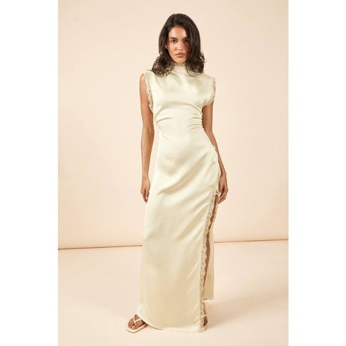 Boohoo Women's Satin High Neck Maxi Dress With Lace Trim in Lemon
