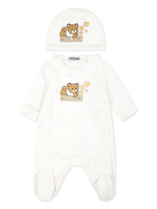 Teddy Bear-print cotton pajama set - White