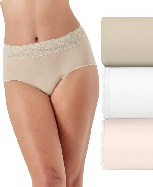 Women's Seamless Lace-Trim Brief Panties, 3-Pack, DFMLB3 - Almond/White/Light Buff