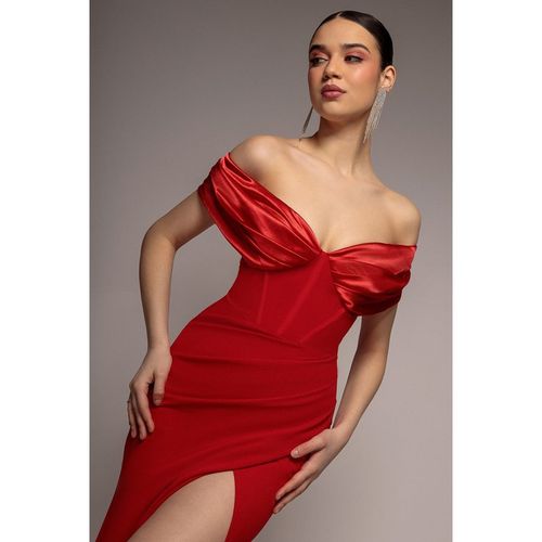 Goddiva Satin & Scuba Off The Shoulder Maxi Dress - Red