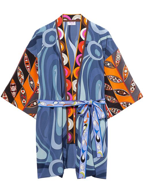 Graphic-print silk robe minidress - Blue