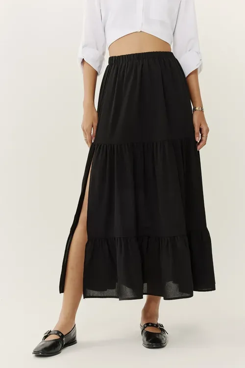 Black High Waist Maxi Skirt With Slit Women