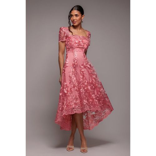 Goddiva Scalloped Neck Embroidered Lace High Low Midi Dress - Cora