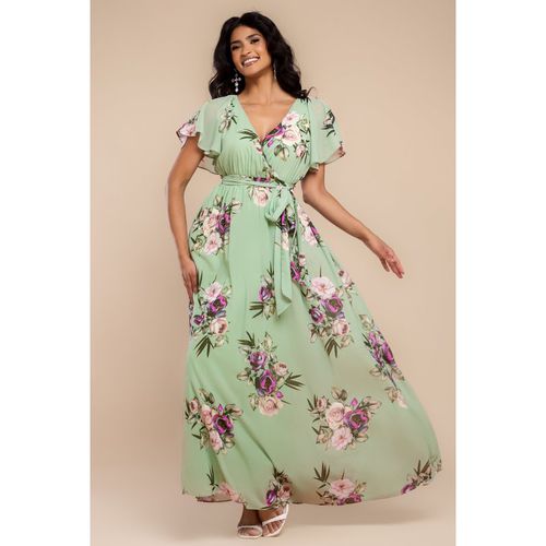 Goddiva Sustainable Printed Flutter Sleeve Maxi Dress - Duck Egg