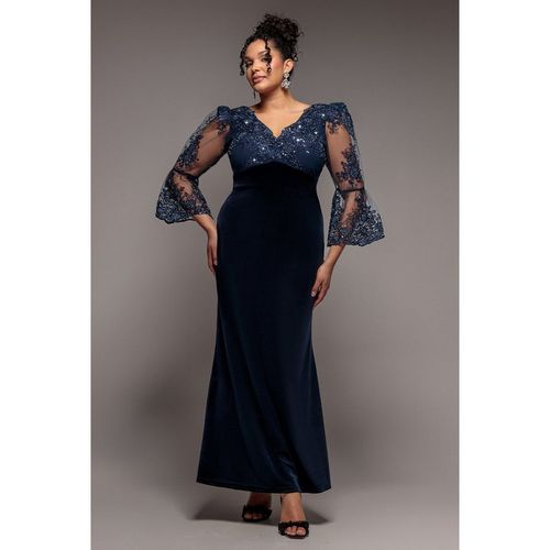 Goddiva Plus Scalloped Lace & Velvet Maxi Dress - Navy