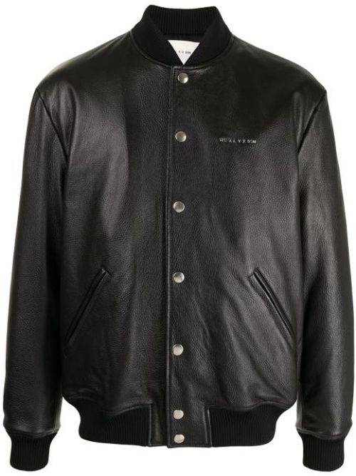 Logo-print pebbled leather jacket