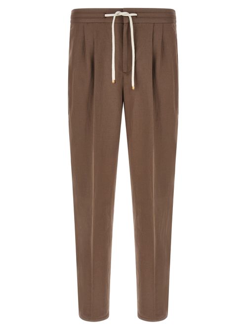 Linen-Cotton Blend Trousers — Brown