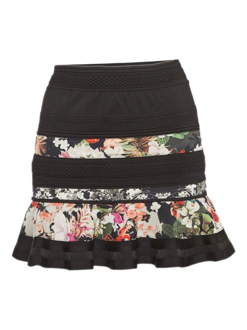 Floral-panelled ruffled mini skirt - Black