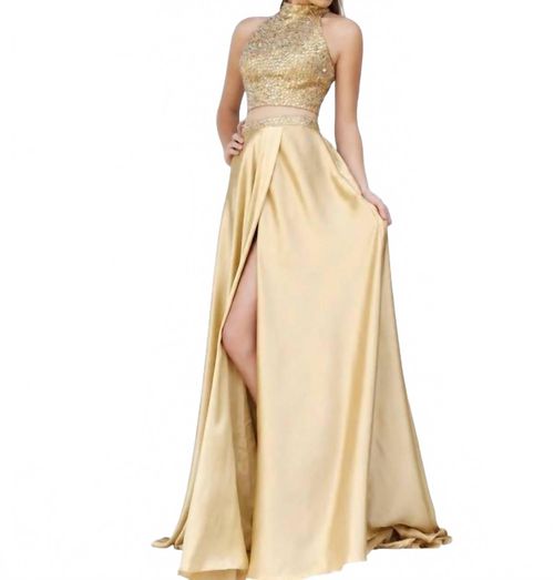 Two Piece Beaded Halter High Slit Gown In Gold