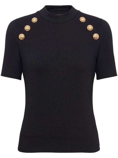Embossed-button round-neck T-shirt - Black